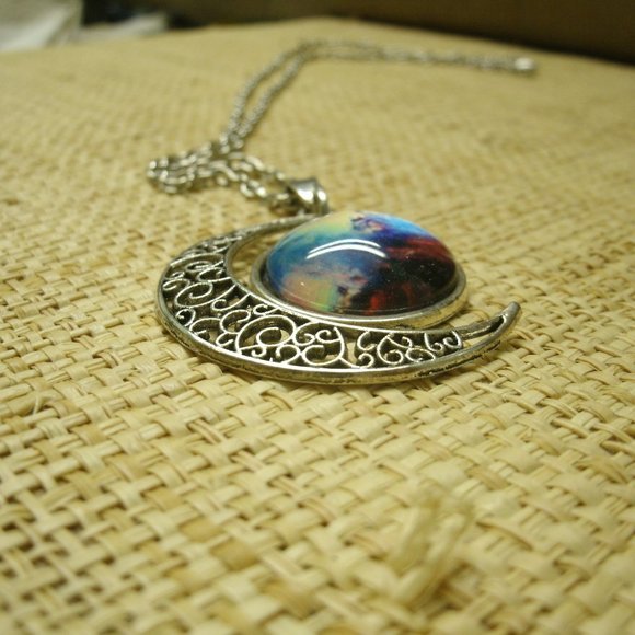 Crescent Moon with Nebula Cabochon Dangle Necklace - Picture 4 of 14